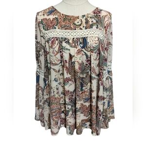 2428) Janette Plus Multicolor Lace Paisley Long Bell Sleeve Blouse Size 2X